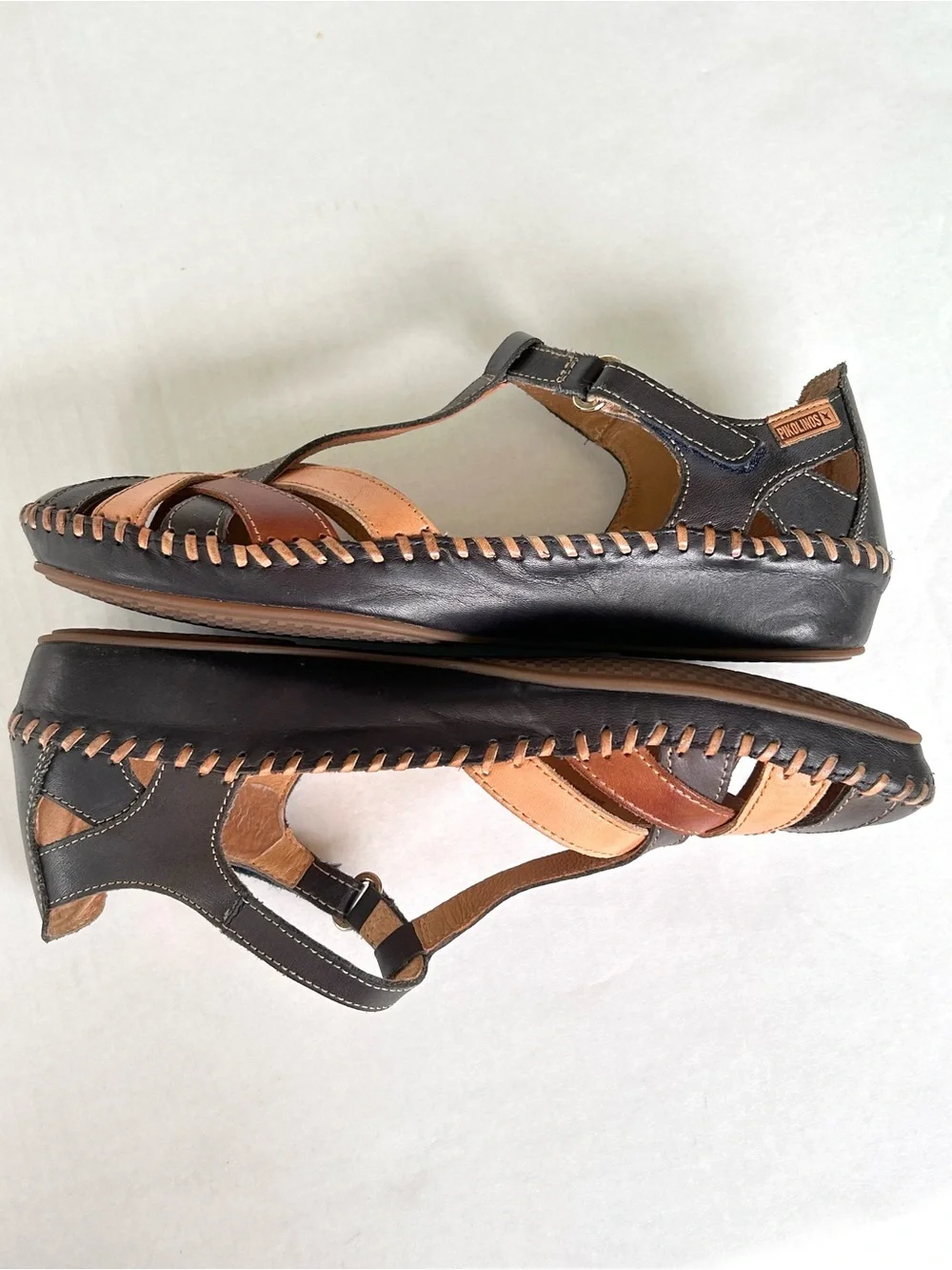 Pikolinos P Vallarta Navy Brown Leather T-Strap Semi Closed Toe Sandals EU 39